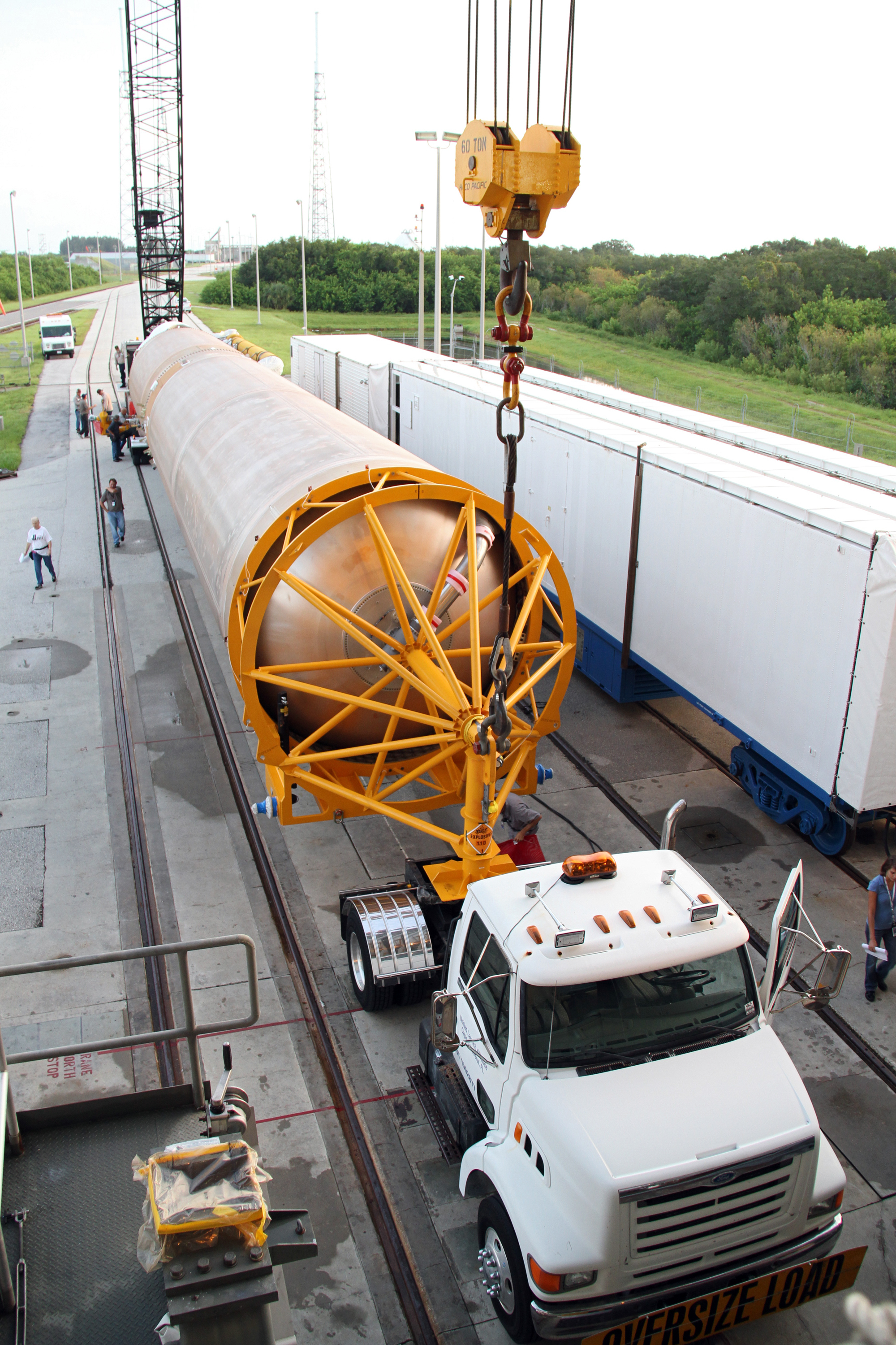 Close up of crane preparing to lift rocket