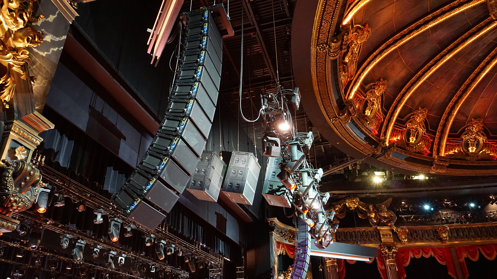 Speakers and lights suspended from rigging at The Venetian