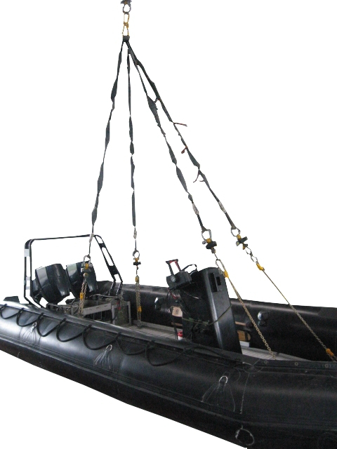 Inflatable speedboat with 4 chains ready for rapid transport under a helicopter