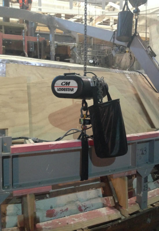 A hoist with a load cell on the steel frame of a lifting apparatus